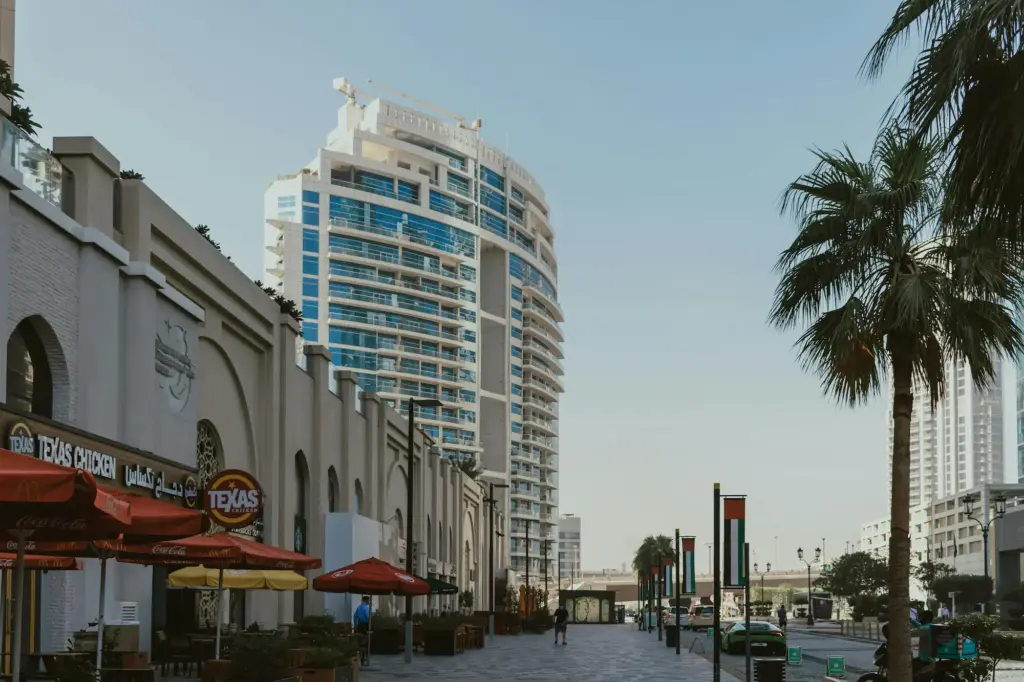 commercial buildings and palm tree