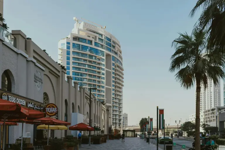 commercial buildings and palm tree